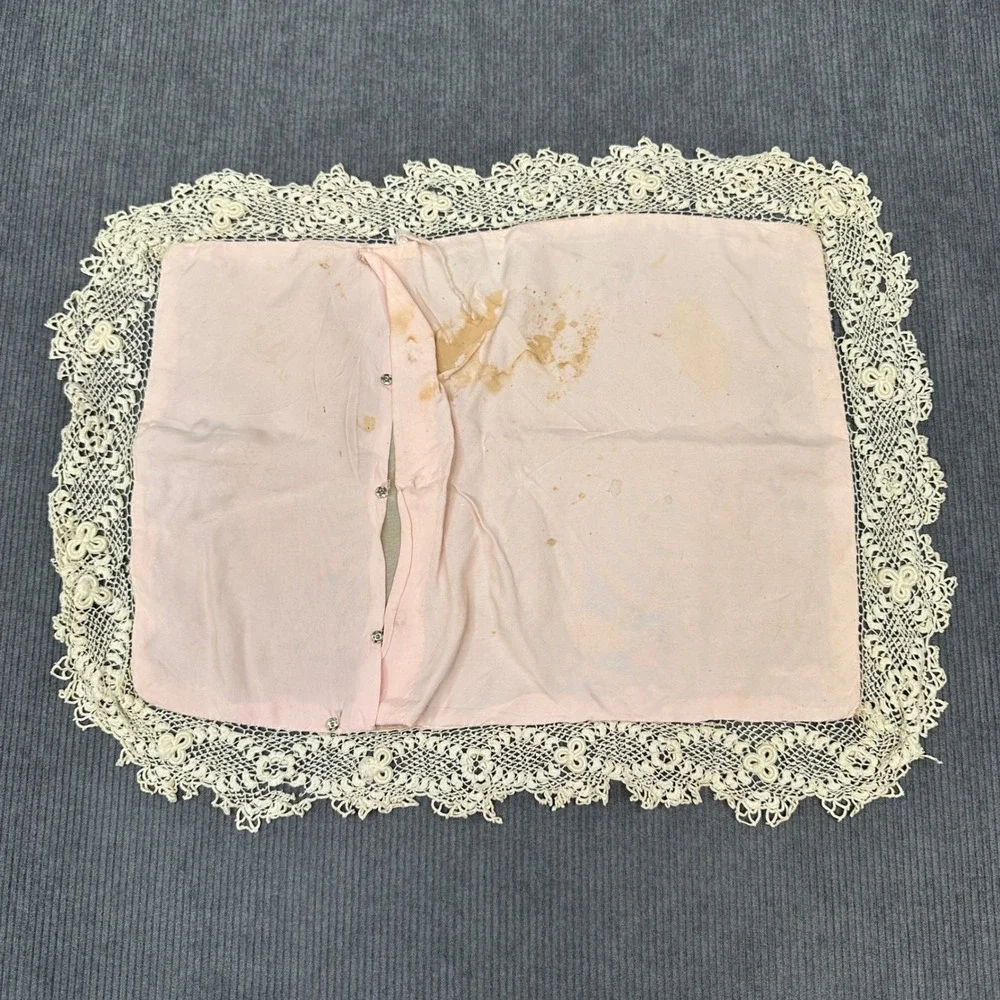 Vintage Pink Silk Boudoir Pillow Sham Embroidered Floral Lace Trim Snap Closure